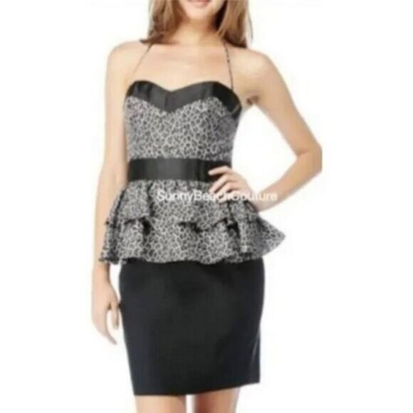 BETSEY JOHNSON / 100% Silk Strapless Cheetah Peplum Fitted Dress Sz 2 - Picture 16 of 16